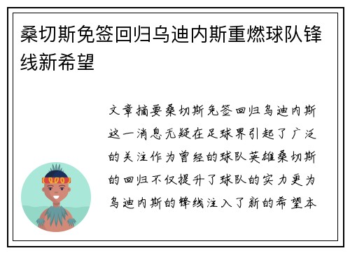 桑切斯免签回归乌迪内斯重燃球队锋线新希望
